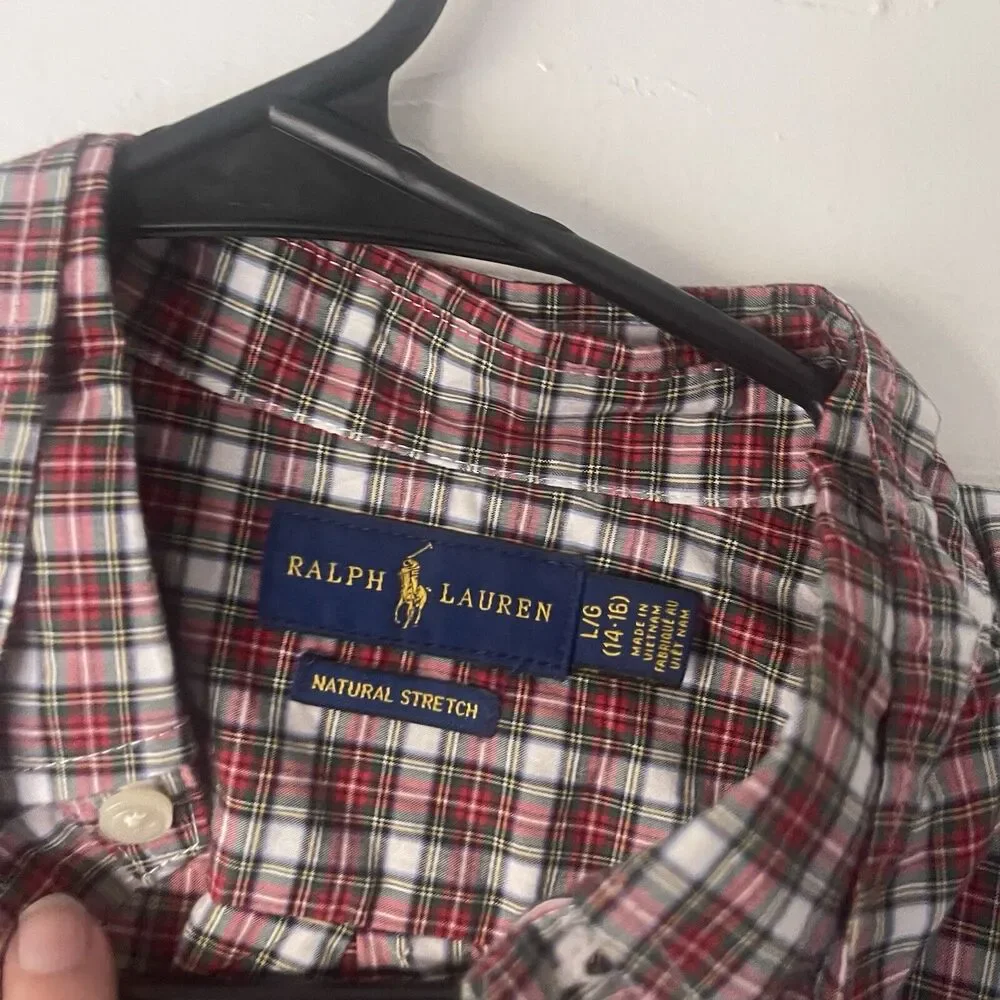 Ralph Lauren Big Boys Large 14-16‎ Red Green Plaid Long Sleeve Button Up